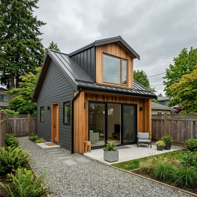 Craftsman laneway home exterior Burnaby BC — metal roof with cedar accents