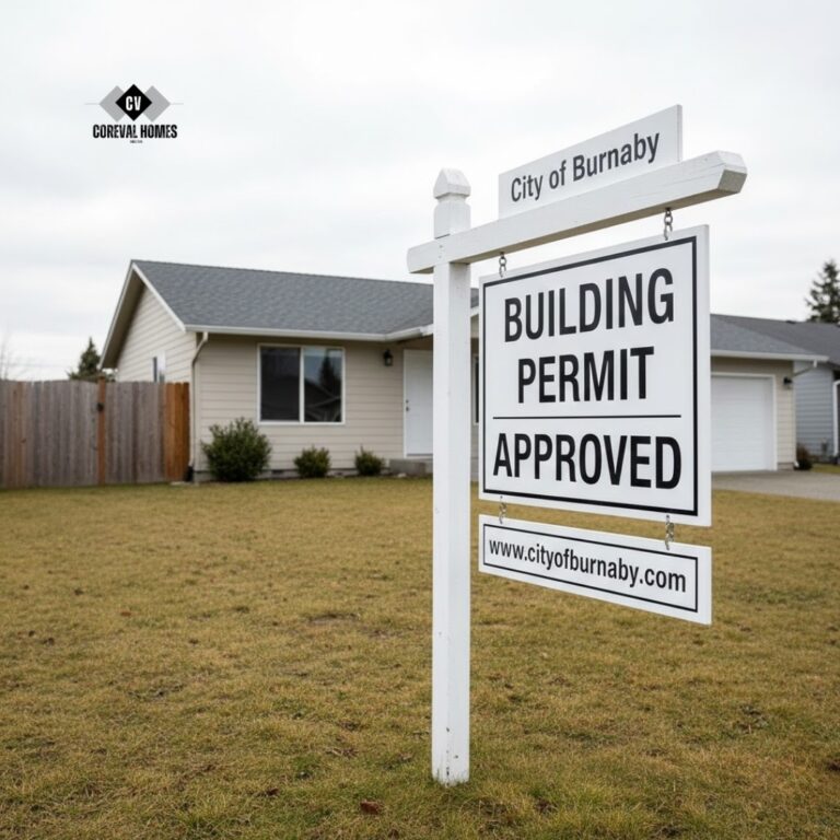 Approved building permit posted on a construction fence at a Burnaby job site, reflecting Burnaby building permit fees 2026